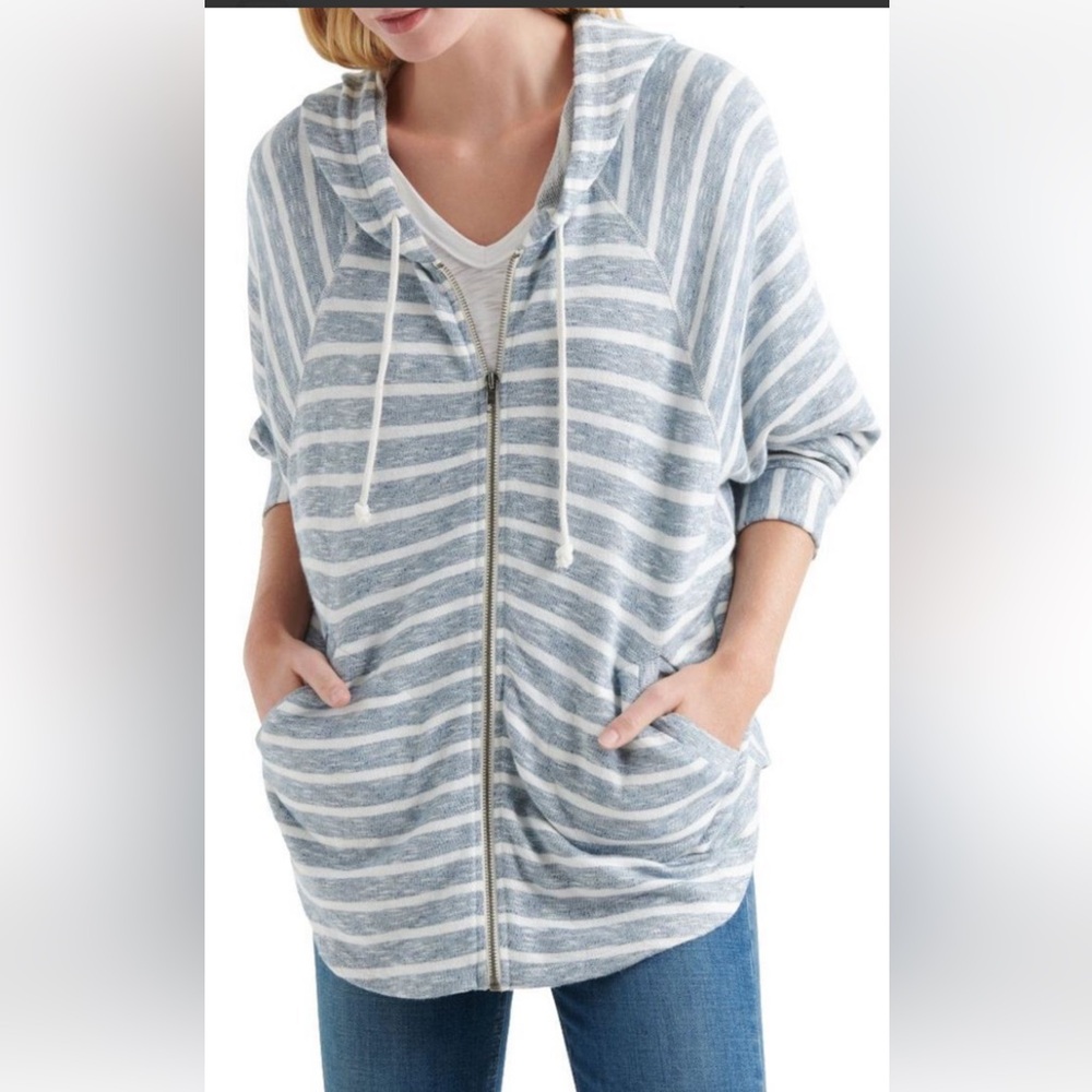 Lucky Brand Full Zip Blue White Striped 1/2 Sleeve French Terry Hoodie Shacket